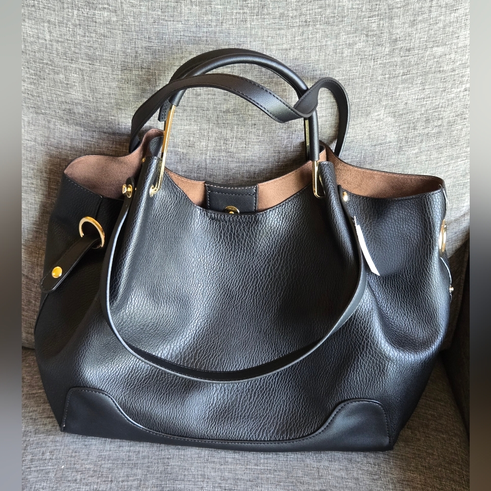 Sondra Roberts Squared Pebbled "Leather" Shoulder Tote Bag Black Imperfect